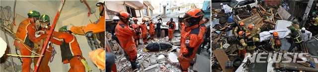 [세종=뉴시스] 소방청 국제구조대가 1999년 대만 지진 시 생존자를 구조하고, 2015년 네팔 지진 시 희생자를 수습하며, 2011년 동일본 대지진 시 인명 수색에 나선 모습(왼쪽부터). (사진= 소방청 제공) 2020.08.10. 
