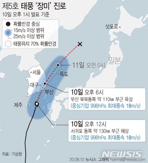 [서울=뉴시스] 10일 기상청에 따르면 태풍 '장미'는 이날 오후 12시 기준 제주 서귀포 동쪽 부근 해상에서 시속 52㎞로 북북동진하고 있다. (그래픽=안지혜 기자)   hokma@newsis.com
