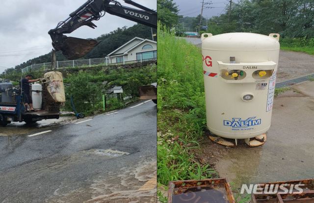 [세종=뉴시스] 한국가스공사는 장마철 폭우로 인해 피해를 입은 가스시설을 점검했다고 12일 밝혔다. 사진은 소형저장탱크를 안전한 장소로 이송하는 작업 모습(왼쪽)과 이송 조치가 완료된 소형저장탱크(오른쪽). (사진=한국가스안전공사 제공)
