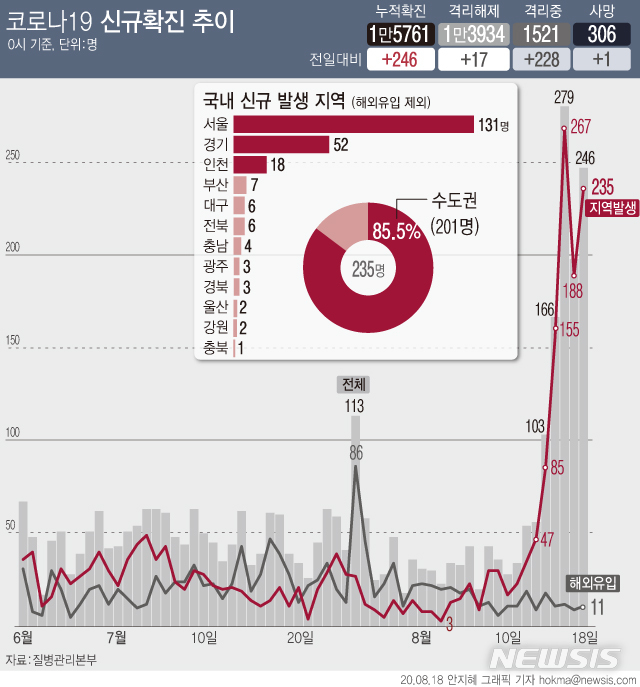 [서울=뉴시스]서울과 경기 지역 '코로나19' 집단감염이 확산하면서 신규 확진 환자가 246명으로 집계됐다. 지난 14일 103명을 기록한 뒤 5일 연속 세자릿 수다. (그래픽=안지혜 기자)  hokma@newsis.com 