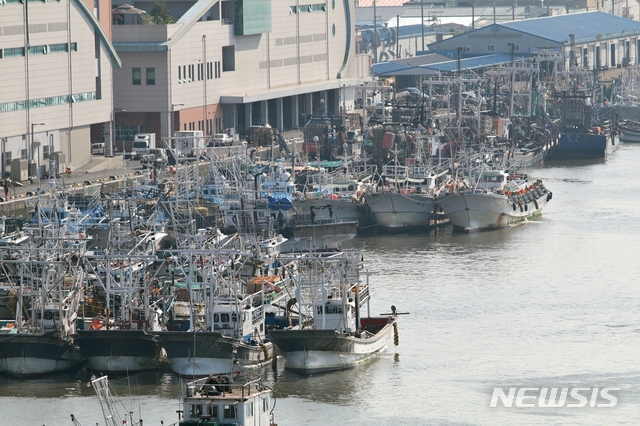 [군산=뉴시스] 고석중 기자= 제8호 태풍 '바비'가 북상하던 지난 25일 전북 관할 어선들이 군산내항으로 피항했다. 2020.08.25.k9900@newsis.com 