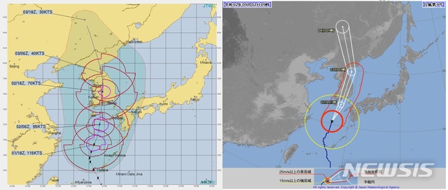 [서울=뉴시스] = 미국 합동태풍경보센터와 일본 기상청이 홈페이지를 통해 발표한 제9호 태풍 '마이삭'(MAYSAK)의 예측 경로. 왼쪽이 미국 JTWC, 오른쪽은 일본 기상청 자료. (사진=JTWC, 일본 기상청 홈페이지 캡쳐) 2020.09.02. 