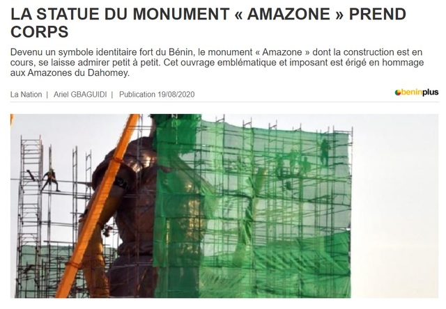 [서울=뉴시스]아프리카 베냉 매체인 '베냉 플러스'는 지난달 18일 홈페이지에 자국 정부가 30m 높이의 청동 동상을 건설 중이라고 보도했다. 미국의 소리는 동상 제작 주체가 당초 알려진 것과 달리 북한 만수대 창작사라고 보도했다. 사진은 베냉 플러스 홈페이지 갈무리. 2020.09.08