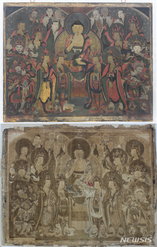 천안 은석사 아미타불회도(위)와 초본. 밑그림인 초본은 2016년 은석사 아미타불회도를 보존처리하다가 그림 뒷면에서 발견했다. 