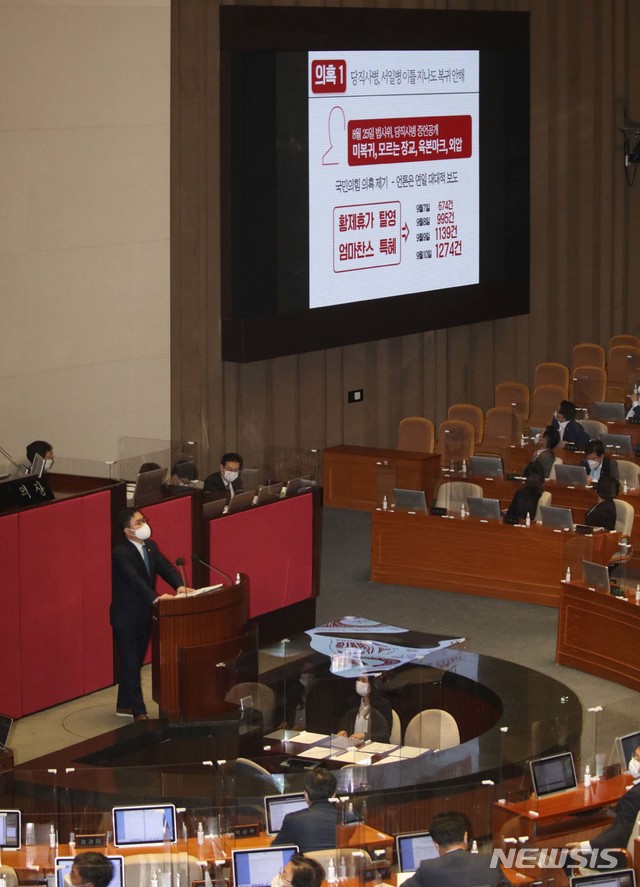 [서울=뉴시스]김선웅 기자 = 김종민 더불어민주당 의원이 14일 오후 서울 여의도 국회 본회의에서 열린 정치분야 대정부질문에서 추미애 법무부 장관의 아들 서모씨에 대한 자료를 보이고 있다. 2020.09.14.  photo@newsis.com