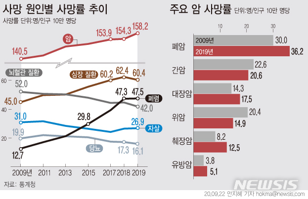 [서울=뉴시스] 통계청이 22일 발표한 '2019년 사망원인통계'에 따르면 작년 사망 원인 1위는 악성신생물(암)으로, 전체 사인의 27.5%를 차지했다. 암 중에서도 폐암이 사망률 36.2명으로 가장 높았다. (그래픽=안지혜 기자) hokma@newsis.com