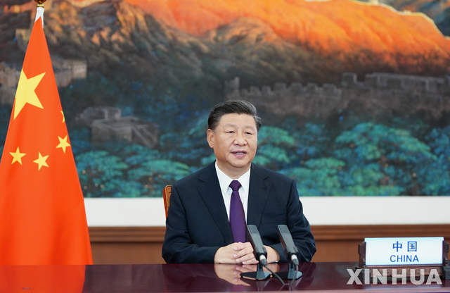 [베이징=AP/뉴시스]시진핑 중국 국가주석이 21일 화상으로 열린 유엔 75주년 기념 고위급 회의에서 연설하고 있다. 2020.9.22.