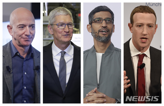 [AP/뉴시스] 왼쪽부터 제프 베이조스 아마존 최고경영자(CEO), 팀 쿡 애플 CEO, 순다르 피차이 구글 CEO, 마크 저커버그 페이스북 CEO. 2021.01.25.