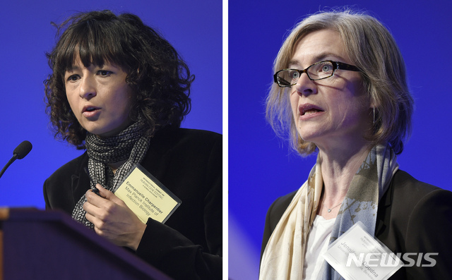 FILE - This Tuesday, Dec. 1, 2015 file combo image shows Emmanuelle Charpentier, left, and Jennifer Doudna, both speaking at the National Academy of Sciences international summit on the safety and ethics of human gene editing, in Washington. The 2020 Nobel Prize for chemistry has been awarded to Emmanuelle Charpentier and Jennifer Doudna “for the development of a method for genome editing.” A panel at the Swedish Academy of Sciences in Stockholm made the announcement Wednesday Oct. 7, 2020. (AP Photo/Susan Walsh, File)