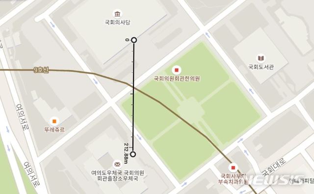 [서울=뉴시스] 국회 본청과 의원회관 간 직선거리는 약 210m다. (구글맵 캡쳐)