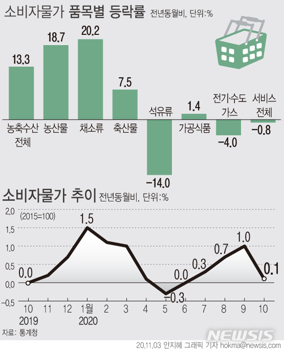 [서울=뉴시스]지난달 소비자물가 상승률이 0.1%를 기록해 4개월 만에 최저 상승 폭을 보였다. (그래픽=안지혜 기자) hokma@newsis.com