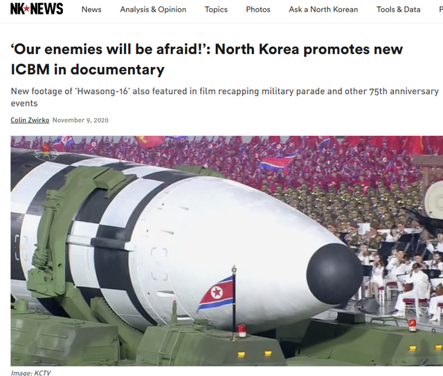 [서울=뉴시스] 북한 조선중앙TV 신형 ICBM 캡처. 2020.11.10. (사진=NK뉴스 캡처)