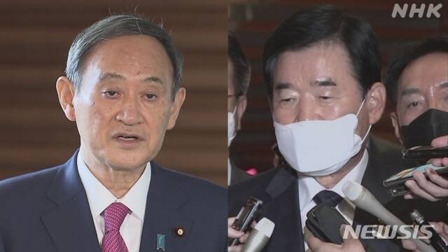 스가 일본 총리와 김진표 한일의원연맹 회장 <NHK 캡쳐>