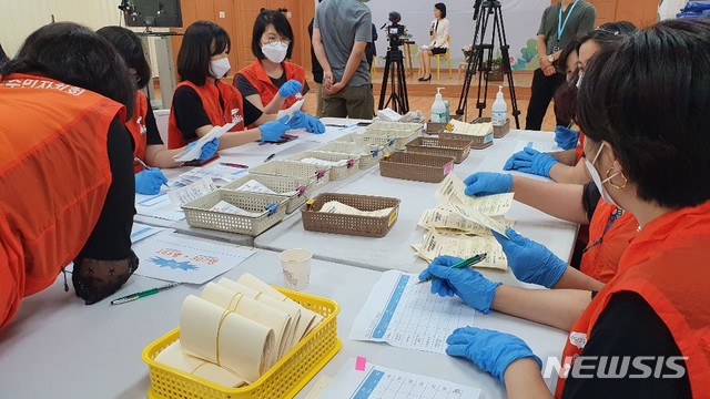 [서울=뉴시스] 서울 동작구 사당2동 주민자치회 위원들이 사전투표 결과를 집계하는 모습. (사진=동작구 제공) 2020.12.03. photo@newsis.com 