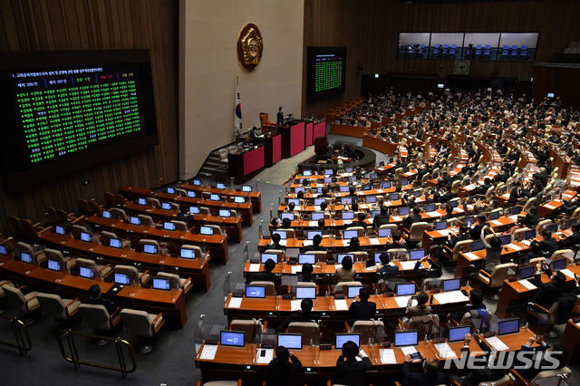 [서울=뉴시스] 전진환 기자 = 10일 오후 서울 여의도 국회에서 열린 제383회 국회(임시회) 제1차 본회의에서 고위공직자범죄수사처 설치 및 운영에 관한 법률 일부개정법률안이 재석 287인 중 찬성 187인, 반대 99인, 기권 1인으로 가결되고 있다. (공동취재사진) 2020.12.10. photo@newsis.com