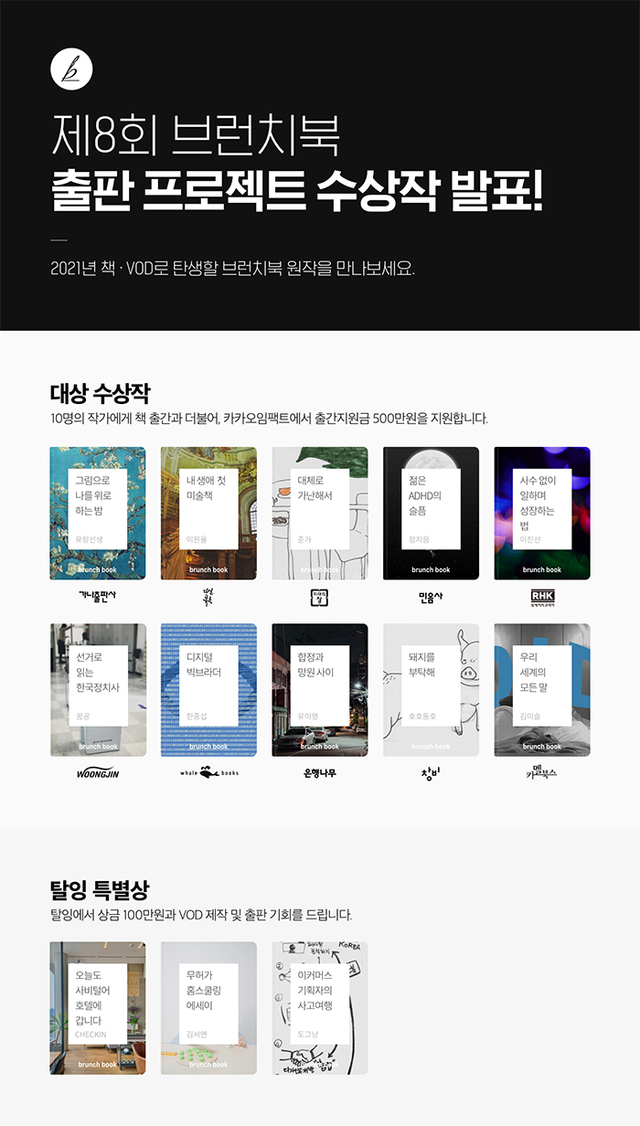 카카오 콘텐츠 퍼블리싱 플랫폼 브런치, 출판 프로젝트 수상작 발표 