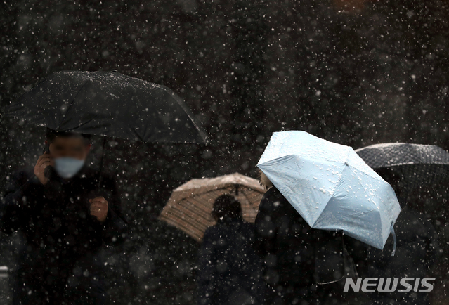 [서울=뉴시스]이윤청 기자 = 서울 동남·서남권에 대설주의보가 발효된 12일 오후 서울 중구 서울시청 인근에 눈이 내리고 있다. 2021.01.12. radiohead@newsis.com 