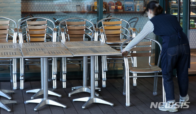 [서울=뉴시스]이영환 기자 = 17일 서울 시내의 한 카페에서 직원이 테이블과 의자를 정리하고 있다. 중앙재난안전대책본부(중대본)에 따르면 오는 18일부터 전국 카페에서 오전 5시부터 오후 9시까지 매장 내 음식과 음료 취식이 가능하다. 2020.01.17. 20hwan@newsis.com