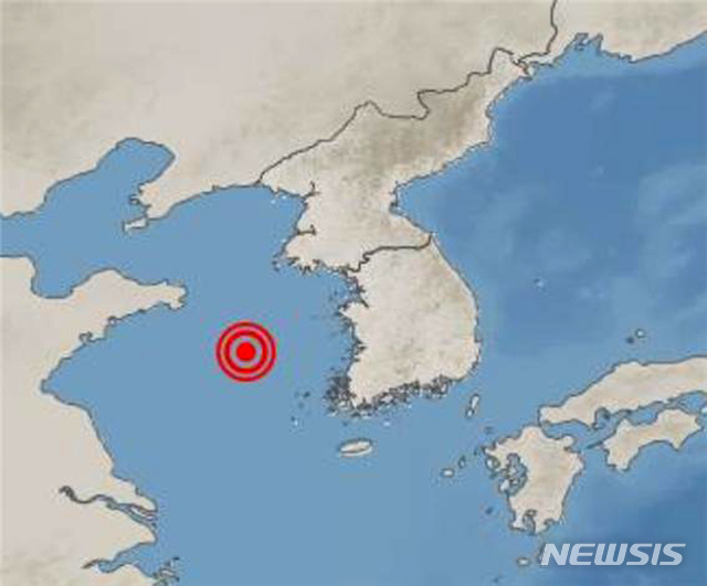19일 중국 지진청이 진앙지로 발표한 칭다오(청도) 동쪽 332㎞ 지점 해역. (이미지=기상청 제공)