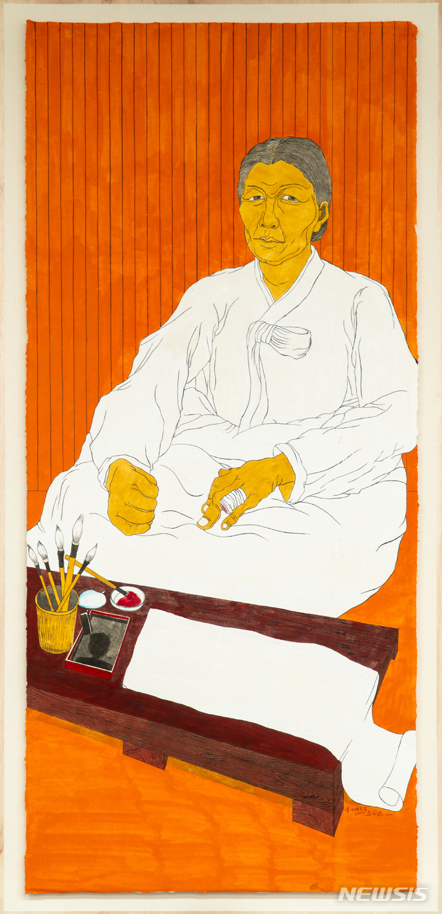 [서울=뉴시스] 윤석남, 남자현 초상 Portrait of NAM Ja-hyeon, 2020년 3월 30일, 한지 위에 분채 Color pigment on Hanji, 210x94cm