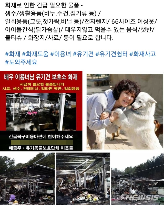 배우 이용녀씨가 운영하는 유기견 보호소 화재 피해 관련 SNS 등 온라인 게시글.