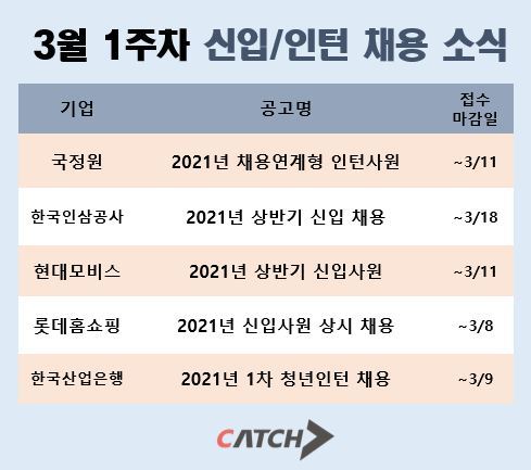 3월 채용 시즌 시작… 국정원, 한국산업은행 신입·인턴 채용 오픈
