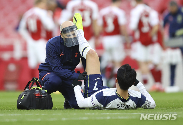 Tottenham&#039;s Son Heung-min receives medical attention during the English Premier League soccer match between Arsenal and Tottenham Hotspur at the Emirates stadium in London, England, Sunday, March 14, 2021. (Julian Finney/Pool via AP)