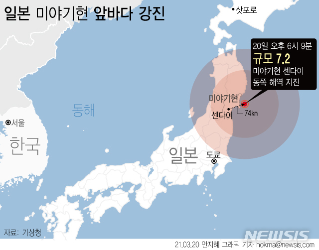 일본 미야기현 해역서 규모 7.2 지진…쓰나미 주의보(종합) 