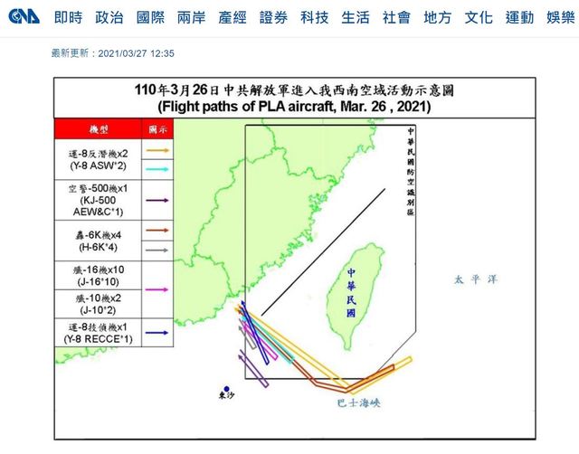 [서울=뉴시스]대만 중앙통신이 27일 홈페이지에 공개한 중국 인민해방군 군용기의 대만 방공식별구역(AADIZ) 이동 현황. (사진 = 중앙통신 홈페이지 갈무리). 2021.03.27