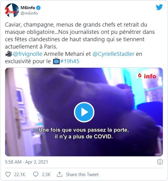 [서울=뉴시스]프랑스 경찰이 파리의 한 고급 식당에서 비밀 만찬을 연 100명이 넘는 사람들에게 9일 벌금을 부과하고 식당 주인을 코로나19 규제 위반으로 체포했다고 밝혔다고 AFP통신과 BBC 등이 10일 보도했다. <사진출처 : 트위터> 2021.4.11