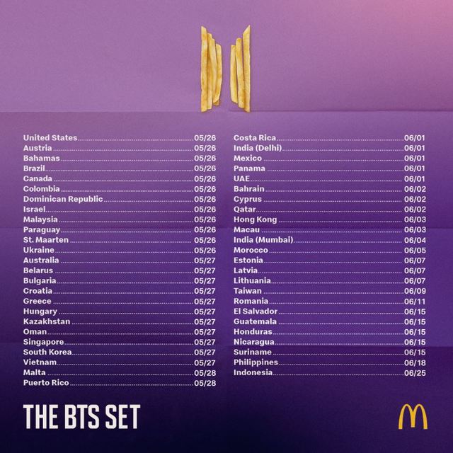 [서울=뉴시스]맥도날드 'The BTS 세트' 판매국과 출시일