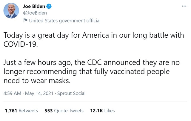 [서울=뉴시스] 13일(현지시간) 바이든 대통령은 트위터를 통해 질병통제예방센터(CDC)의 마스크 착용 권고안 완화 방침을 환영했다. 사진은 바이든 트위터(@JoeBiden) 갈무리. 2021.05.14.