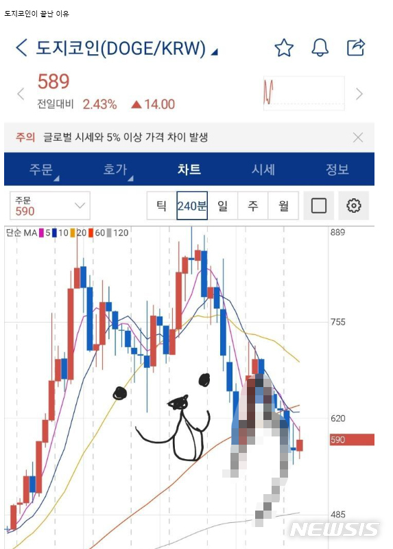  [서울=뉴시스] 지난 2021년 5월 14일 일론 머스크의 트위터에 도지코인 가격이 하락하자 한 온라인 게시판에 올라온 게시물. 도지코인의 상징인 시바견이 가운데 손가락을 든 모습을 그려넣은 이 글에는 "도지코인이 끝난 이유"란 글이 달려있다.(출처 = 온라인 커뮤니티 캡처) 2024.04.01