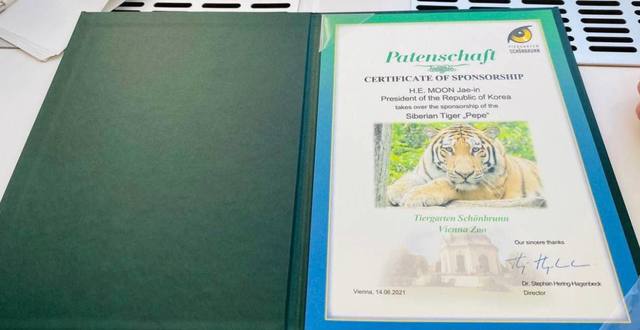 [서울=뉴시스] 문재인 대통령은 21일 SNS를 통해 오스트리아 국빈방문 당시 쿠르츠 총리로부터 쇤부른 궁 동물원에 입주한 호랑이의 후원자로 지정됨을 밝히며, 호랑이 후원증서와 후원자에게 주는 동물원 무료 입장권을 공개했다. 사진은 호랑이 후원증서의 모습. (사진=청와대 제공) 2021.06.21. photo@newsis.com *재판매 및 DB 금지
