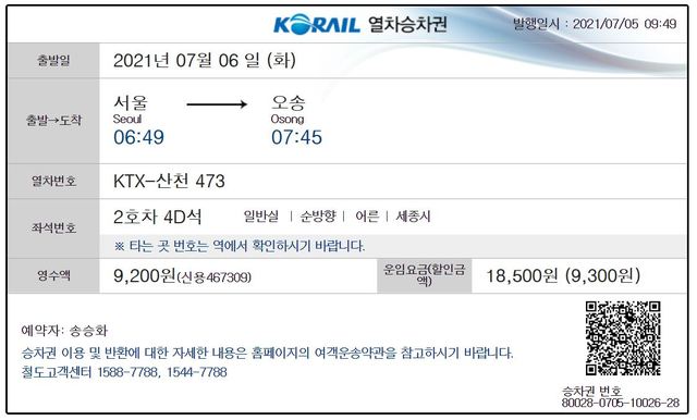 [뉴시스=세종]정부세종청사 공무원이 아닌 뉴시스 기자가 정부세종청사 공무원 통근 열차 전용 인터넷 사이트에서 신규 가입부터 발권, 결제까지 한 후 받은 KTX 승차권. 2021.07.05.(사진=전용 예매 사이트 캡처) *재판매 및 DB 금지