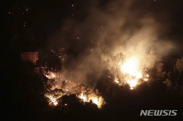 [알제(알제리)=AP/뉴시스]지난해 8월11일(현지시간)자 사진으로, 알제리 수도 알제에서 동쪽으로 약 100㎞ 떨어진 카빌 지역 숲이 거센 불길에 휩싸여 타고 있다. 