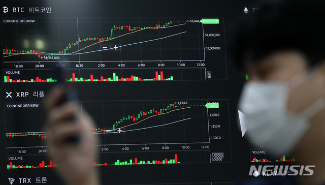 [서울=뉴시스] 조성우 기자 = 비트코인 가격이 5,500만 원대를 돌파한 20일 오후 서울 용산구 코인원 고객센터 모니터에 비트코인 등 암호화폐 시세가 표시되고 있다. 미국 경제지 포춘은 20일(현지시간) 월가 투자은행인 웰스파고와 JP모건이 증권거래위원회에 비트코인 펀드를 등록했다고 보도했다. 2021.08.20. xconfind@newsis.com