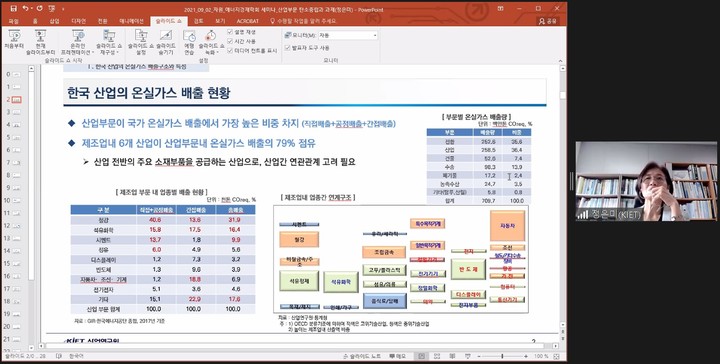 [세종=뉴시스] 정은미 산업연구원 박사가 2일 한국자원경제학회와 한국에너지학회가 '2030년 NDC 목표 상향과 한국경제'를 주제로 개최한 온라인 공동 세미나에서 발표하고 있다. 2021.09.02.(사진=온라인 세미나 영상 갈무리) *재판매 및 DB 금지