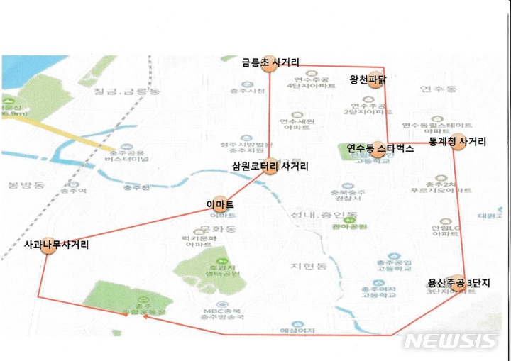 [충주=뉴시스] 조성현 기자 = 전국자영업자비상대책위원회 충북지부의 오는 8일 충주지역 1인 차량 시위 노선. (사진=전국자영업자비상대책위원회 충북지부 제공) 2021.09.06. photo@newsis.com *재판매 및 DB 금지