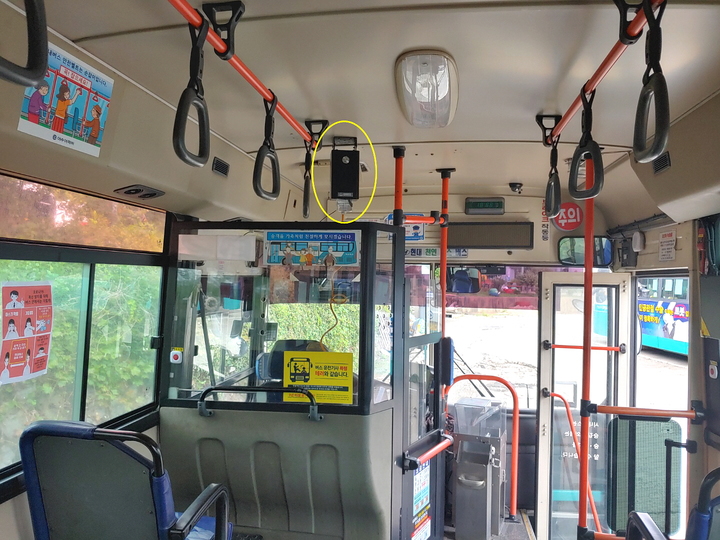 코로나19 자동방역기(노란색 원)가 설치된 여수시내버스 내부. (사진=여수시청 제공) *재판매 및 DB 금지