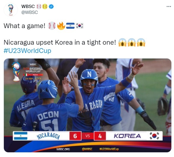 한국 야구대표팀이 23세 이하(U-23) 세계선수권대회 니카롸과에 졌다. (사진=WBSC 트위터 캡처) *재판매 및 DB 금지