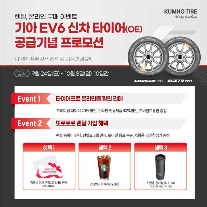 금호타이어, 기아 EV6 신차용 타이어 공급기념 최대 40% 할인