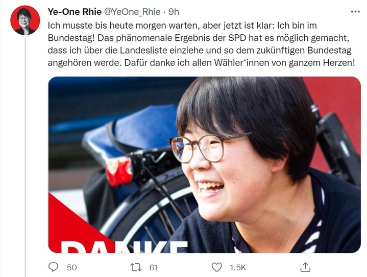 [서울=뉴시스]26일(현지시간) 실시된 독일 연방하원 총선에서 한국계인 사회민주당(SPD) 이예원 후보가 의원직에 올랐다. 그는 트위터를 통해 감사의 뜻을 밝혔다. 사진은 이예원 후보 트위터 갈무리. 2021.09.28.