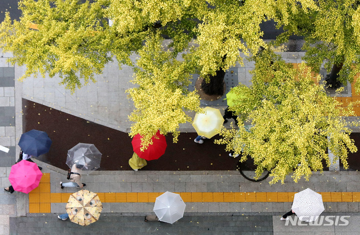 [서울=뉴시스] 추상철 기자 = 가을비가 내린 지난 10일 오후 서울 도심에서 우산을 쓴 시민들이 발걸음을 재촉하고 있다. 2021.10.10. scchoo@newsis.com