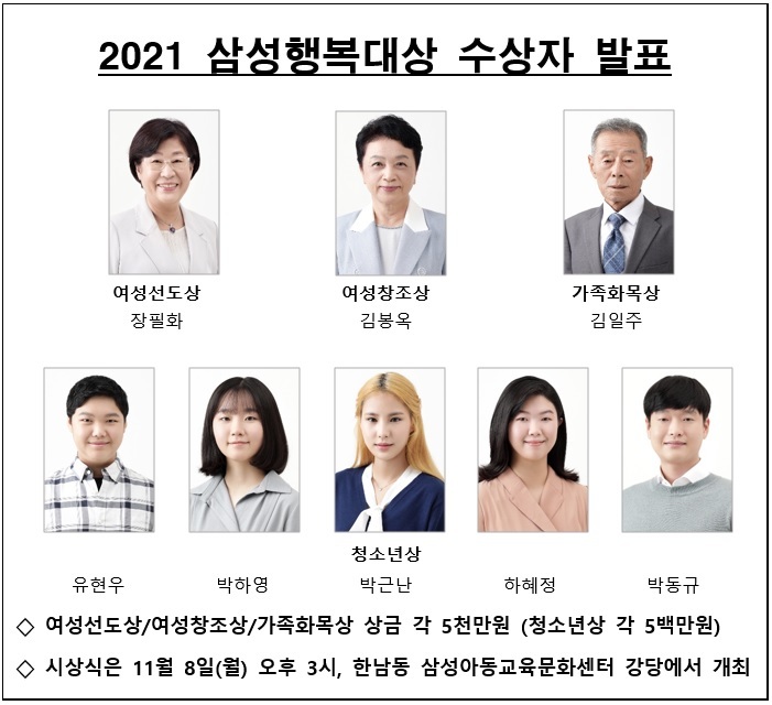 삼성생명공익재단, 장필화 이사장 등 '삼성행복대상' 8명 선정