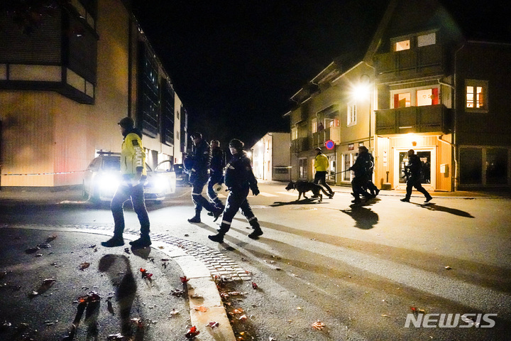 [AP/뉴시스]노르웨이의  화살공격 현장을 조사하는 경찰관들. 오슬로 남서쪽 콩스베르그 시내에서 13일(현지시간) 활과 화살로사람들을 공격한 남성이 경찰에 체포되었다. 