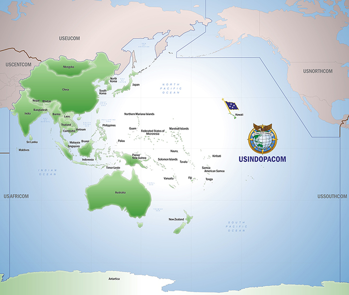 [서울=뉴시스]미국 인도태평양사령부의 관할 지역을 표시한 지도. (사진: 미 인도태평양사령부) *재판매 및 DB 금지
