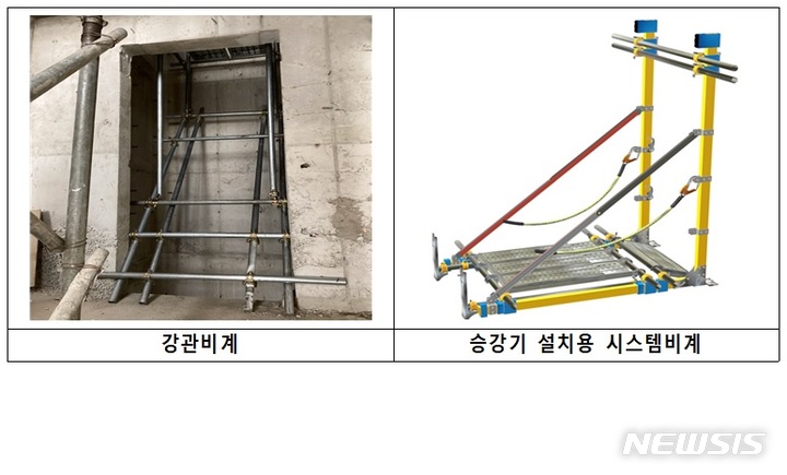 [서울=뉴시스] 기존 승강기 강관비계(왼쪽)와 새로 개발된 전용 시스템 비계. (사진=고용노동부 제공) 2021.10.27 photo@newsis.com