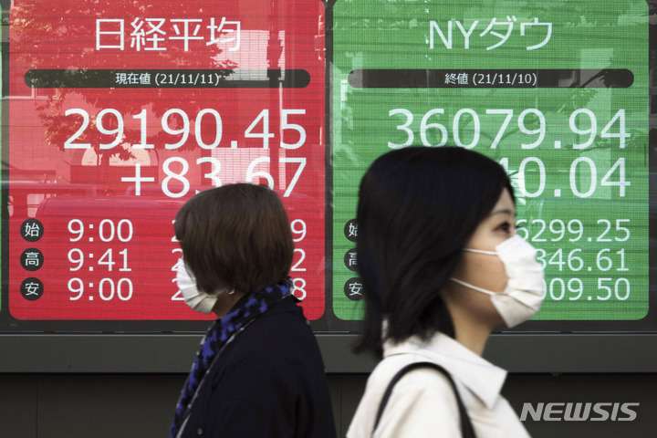 [도쿄=AP/뉴시스] 일본 수도 도쿄 시내에서 11일 코로나19 예방을 위해 마스크를 쓴 시민들이 증권사 전광판 앞을 지나고 있다. 2021.11.12 