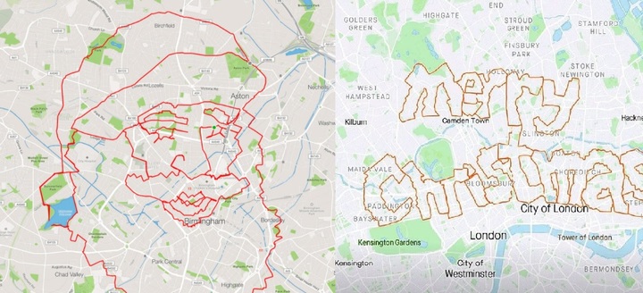 [서울=뉴시스] 지난 2019년 영국에서 앤서니 호이트가 크리스마스를 기념해 자전거 GPS추척 프로그램을 이용한 산타클로스 그림을 그렸다. (출처 : 앤서니 호이트 인스타그램 캡처) 2021.11.23. *재판매 및 DB 금지
